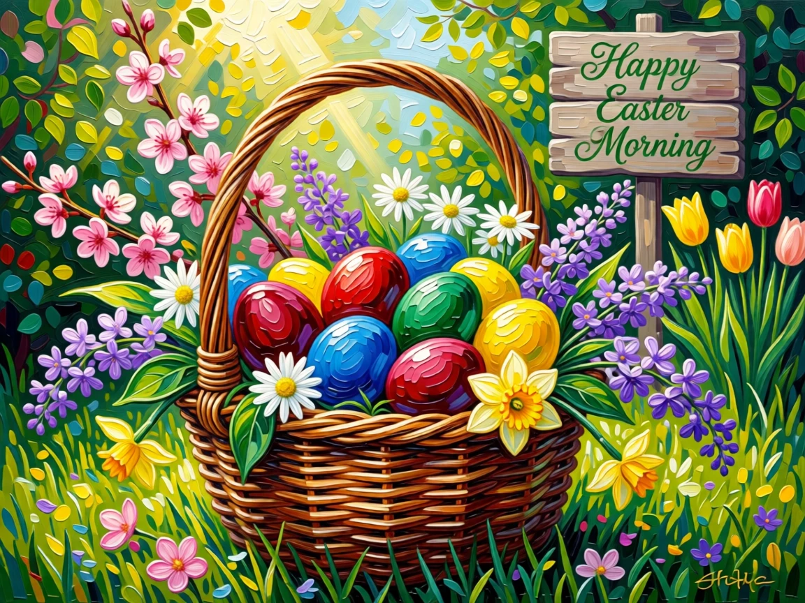 An Easter morning scene with a basket of colorful eggs hidden among spring blossoms