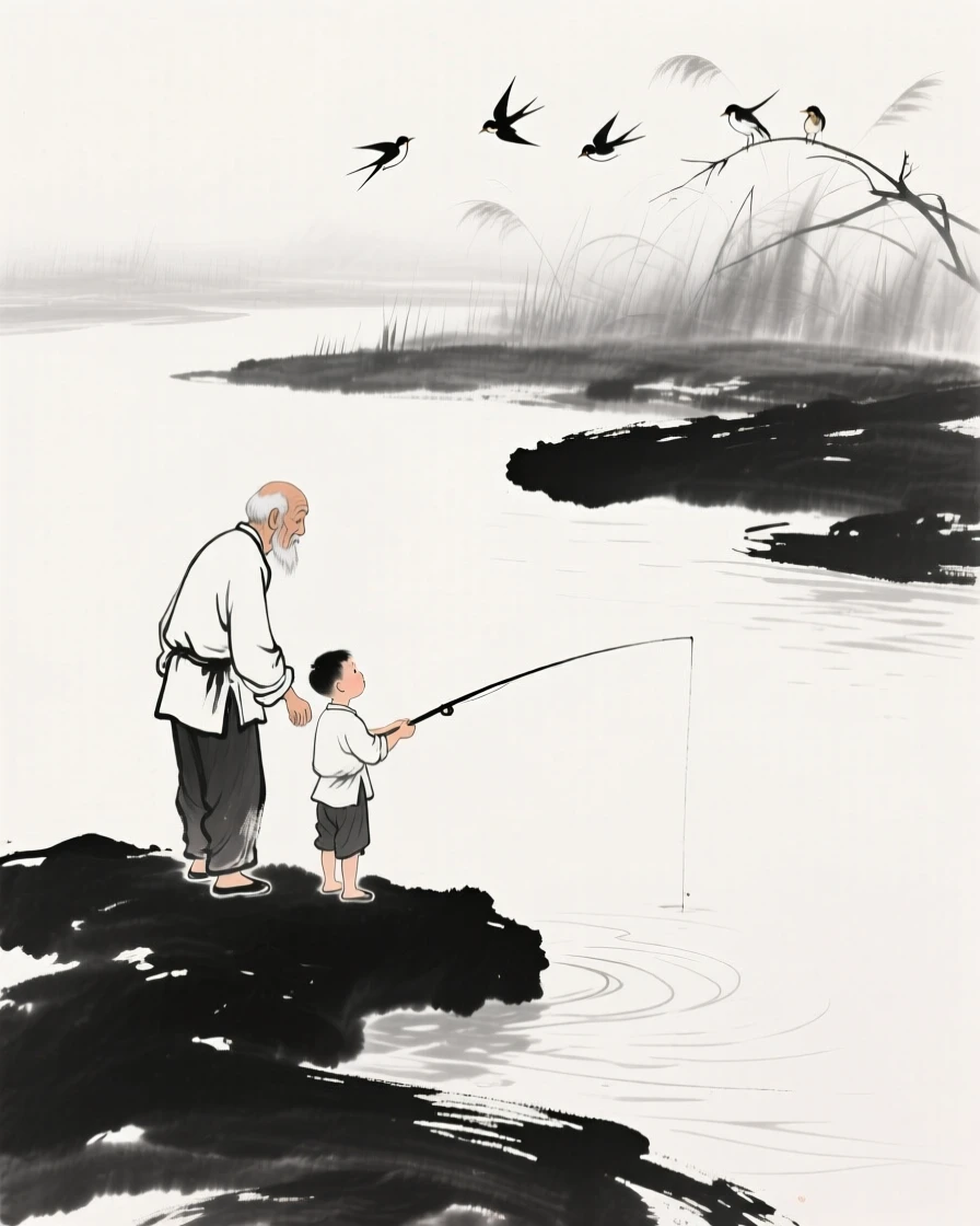 A grandfather teaches his grandson to fish along a riverbank, as birdsong fills the quiet morning air.