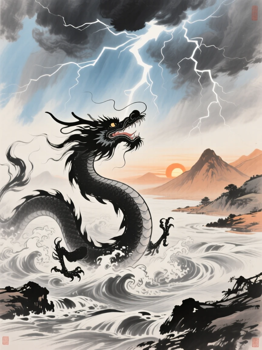 A dragon emerging from a churning river beneath a lightning lit sky, as the sun sets behind distant peaks, imbued with timeless calm.