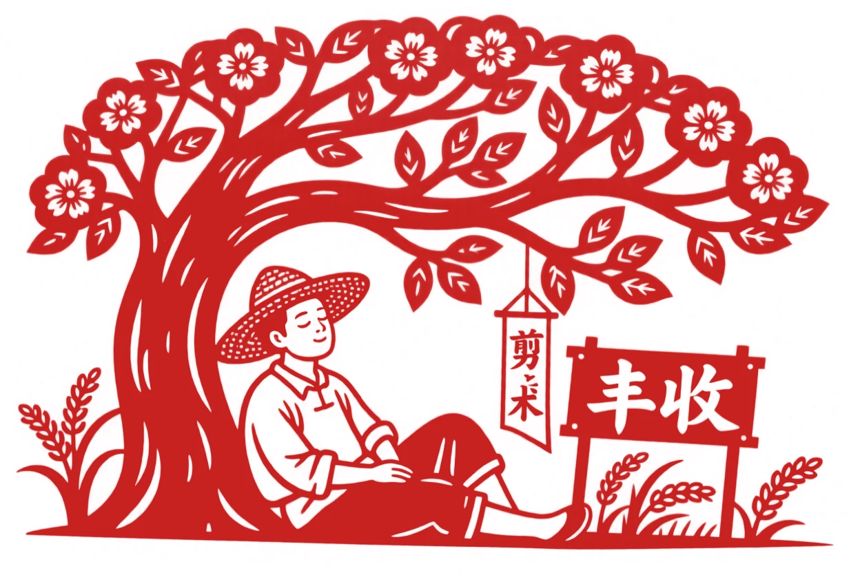 A farmer resting under a shade tree after a morning in the fields, a straw hat tipped over his eyes