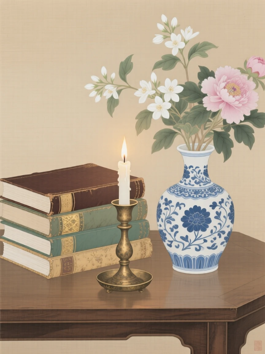 A stack of old books beside a burning candle beside a vase of freshly cut flowers