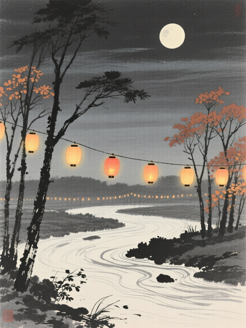 An autumn moon festival with lanterns strung between trees beside a slow-moving river at dusk, composed with warm lantern light glowing against a cool evening, capturing the quiet magic of a changing season.