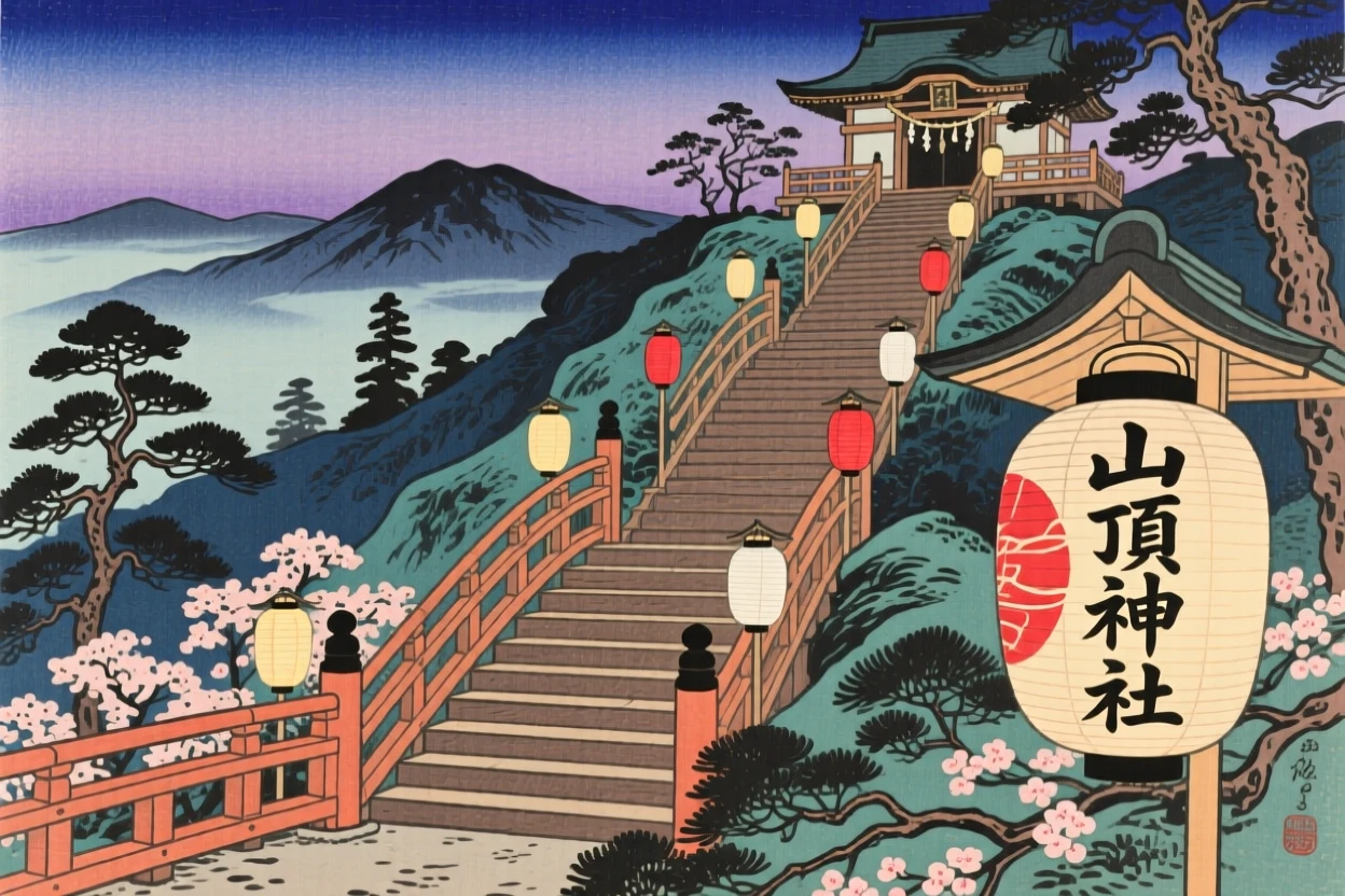A mountaintop shrine staircase lit with lanterns along wooden piers.