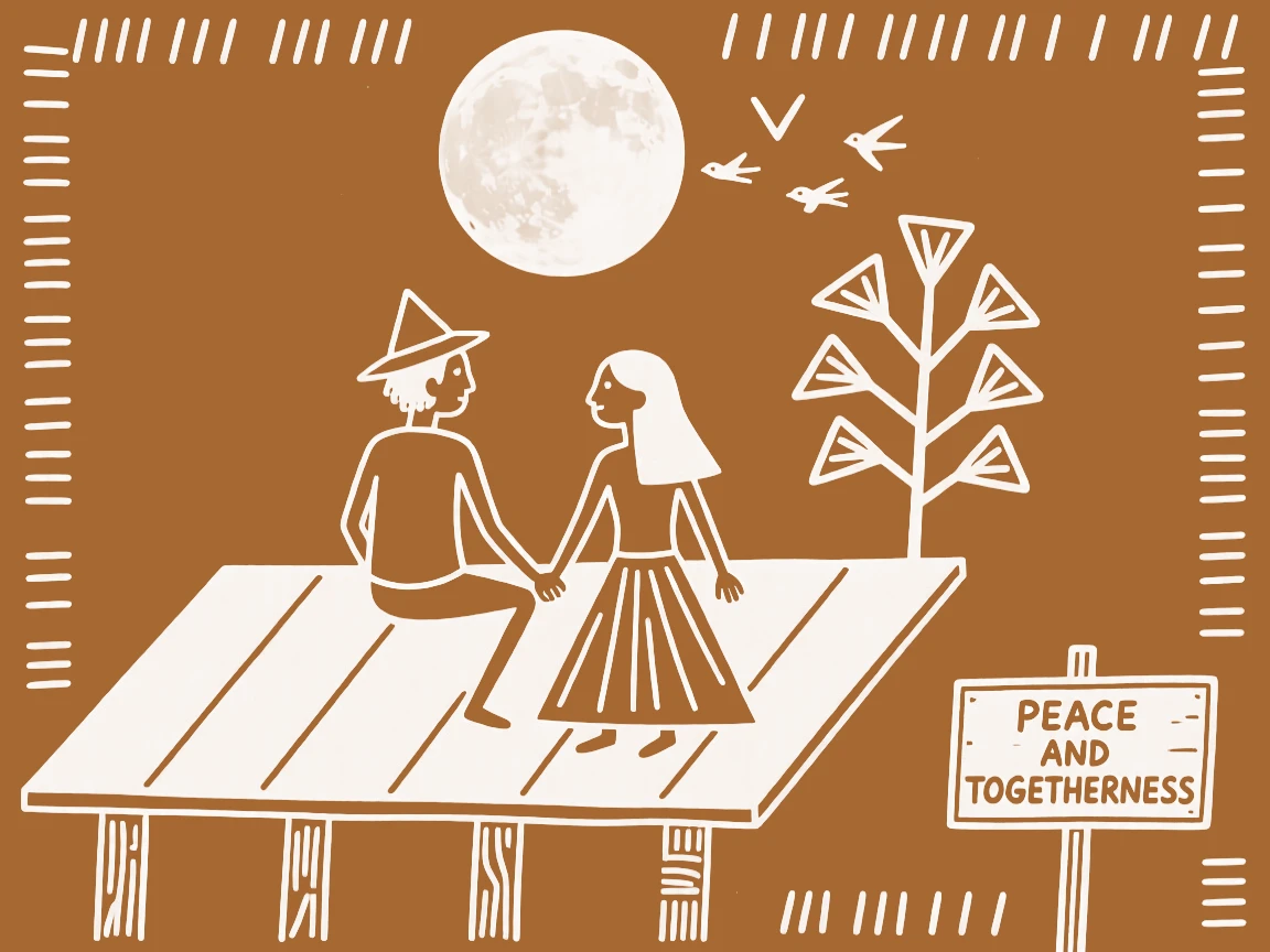 An elderly couple gazing at the full moon together from a rooftop.