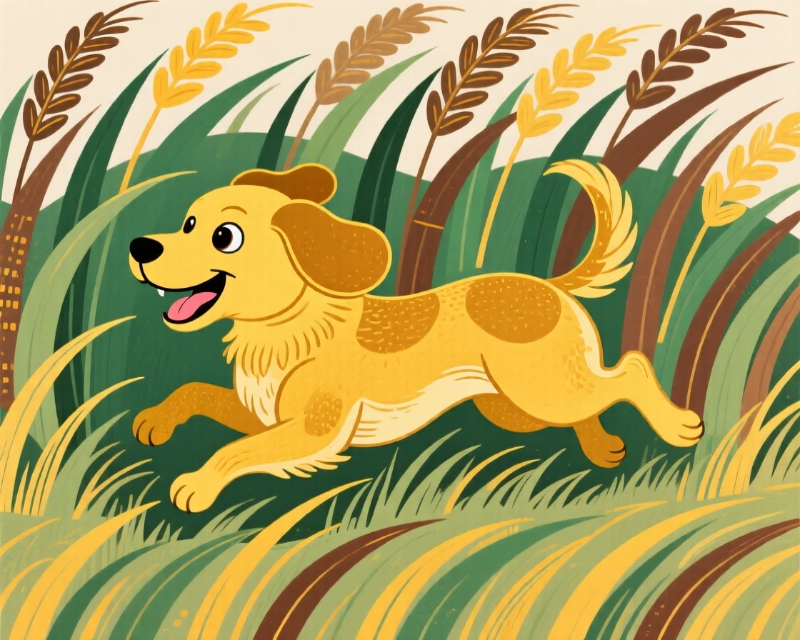 A loyal golden dog running through a field of tall grass.