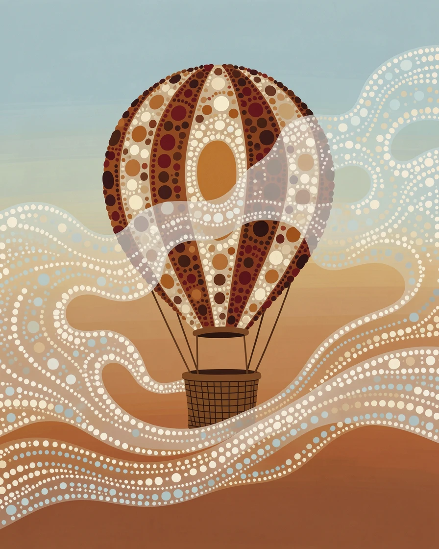 A drifting hot air balloon shrouded in morning mist