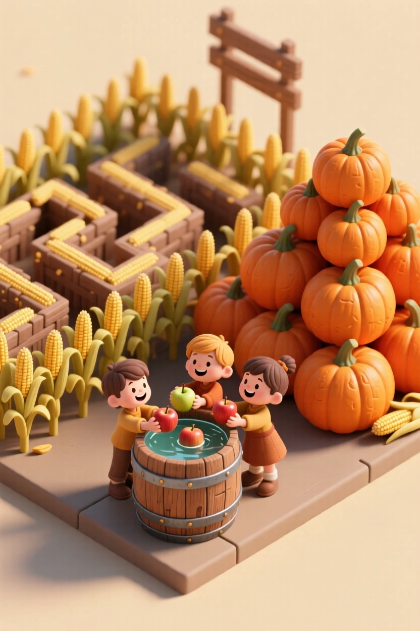 A harvest festival scene with a corn maze, pumpkins stacked high, and children bobbing for apples in a wooden barrel.
