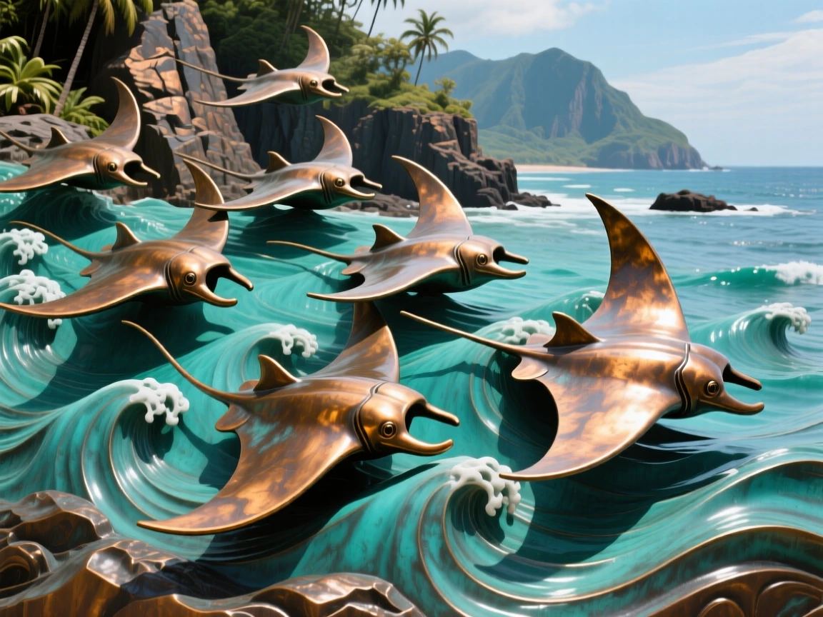 A school of manta rays gliding through turquoise water, set against a breathtaking natural backdrop, evoking wonder and majesty