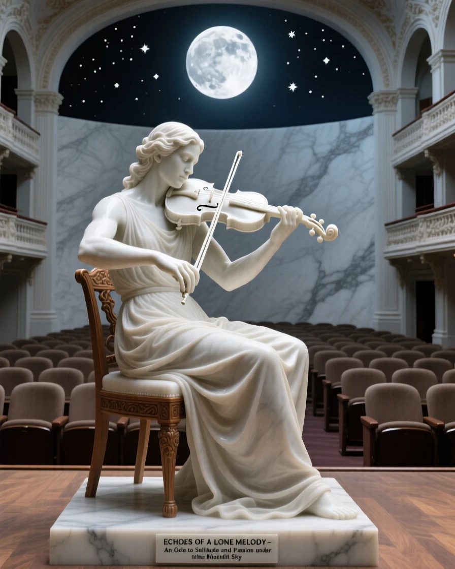 An evocative depiction of a violinist performing for an empty, moonlit theater, under a brilliant, colorful sky, balancing detail with emotional depth