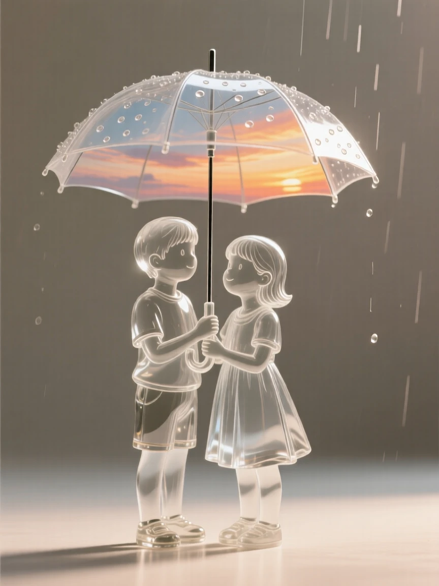 Two siblings sharing an umbrella in the rain beneath a sky painted with the colors of sunset, while quiet joy fills the space between them