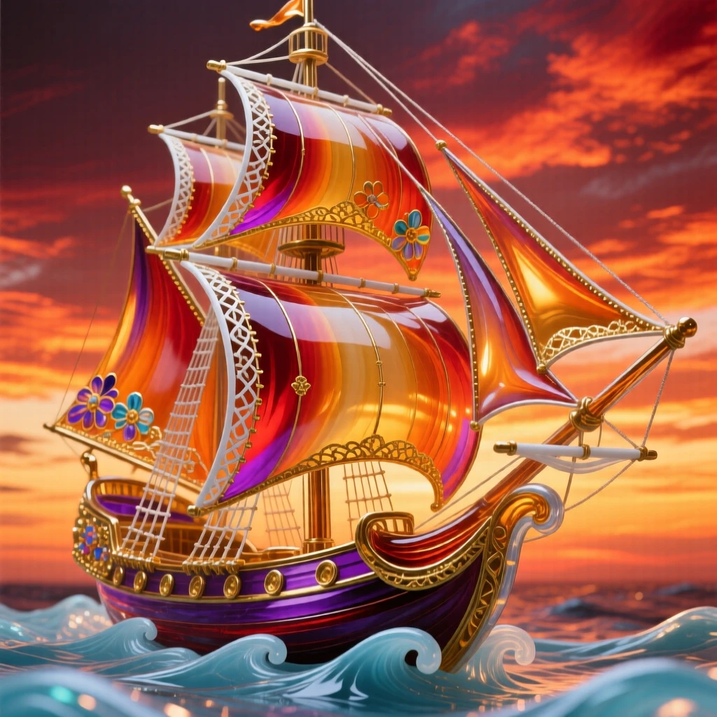 A grand ship's sail billowing against a fiery sunset sky, adventurous and dramatic.