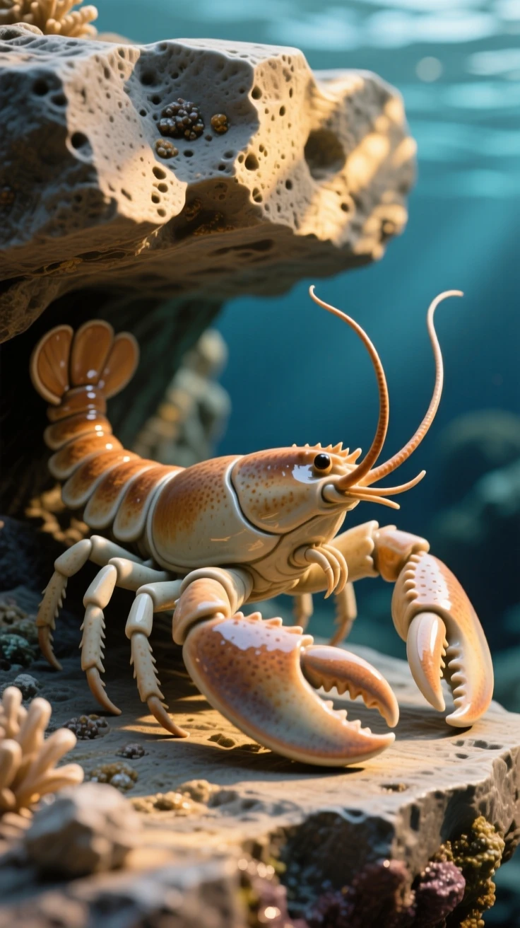 A lobster resting beneath a rocky ledge caught in a burst of playful motion, with sunlight filtering down in golden shafts, evoking the vast serenity of the ocean.