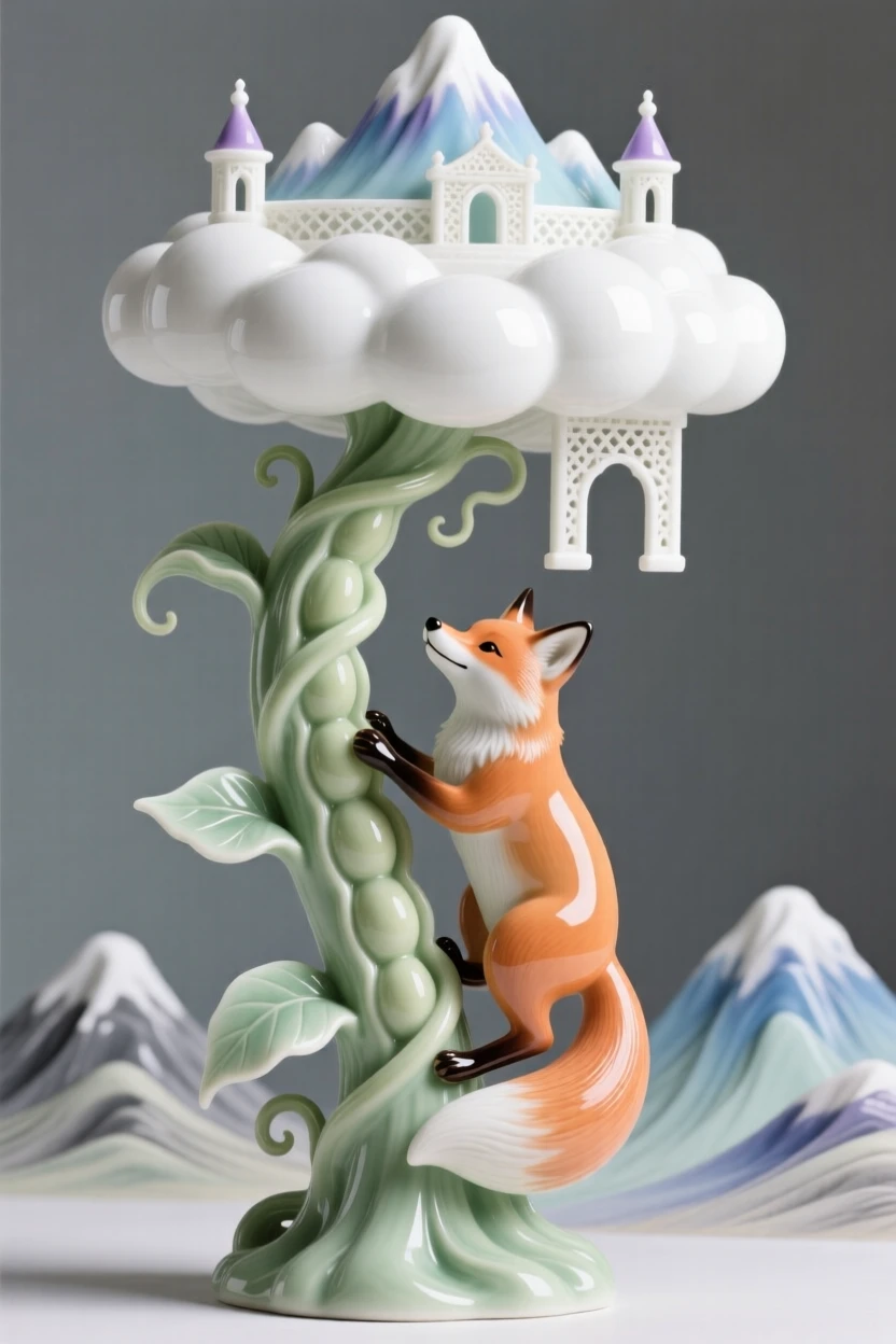 A whimsical scene of a talking fox climbing a beanstalk into the clouds in a cloud kingdom above the mountains.