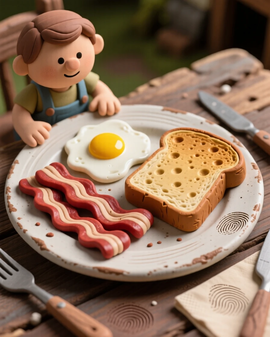 A rustic farmhouse breakfast of eggs, bacon, and toast