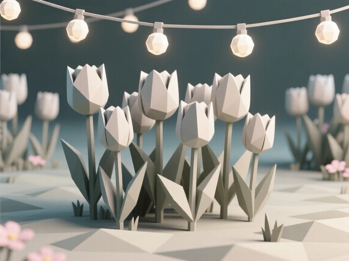 A spring garden bursting with blooming tulips, under strings of warm twinkling lights. rich seasonal colors bring the scene to life. The moment feels magical and full of wonder.