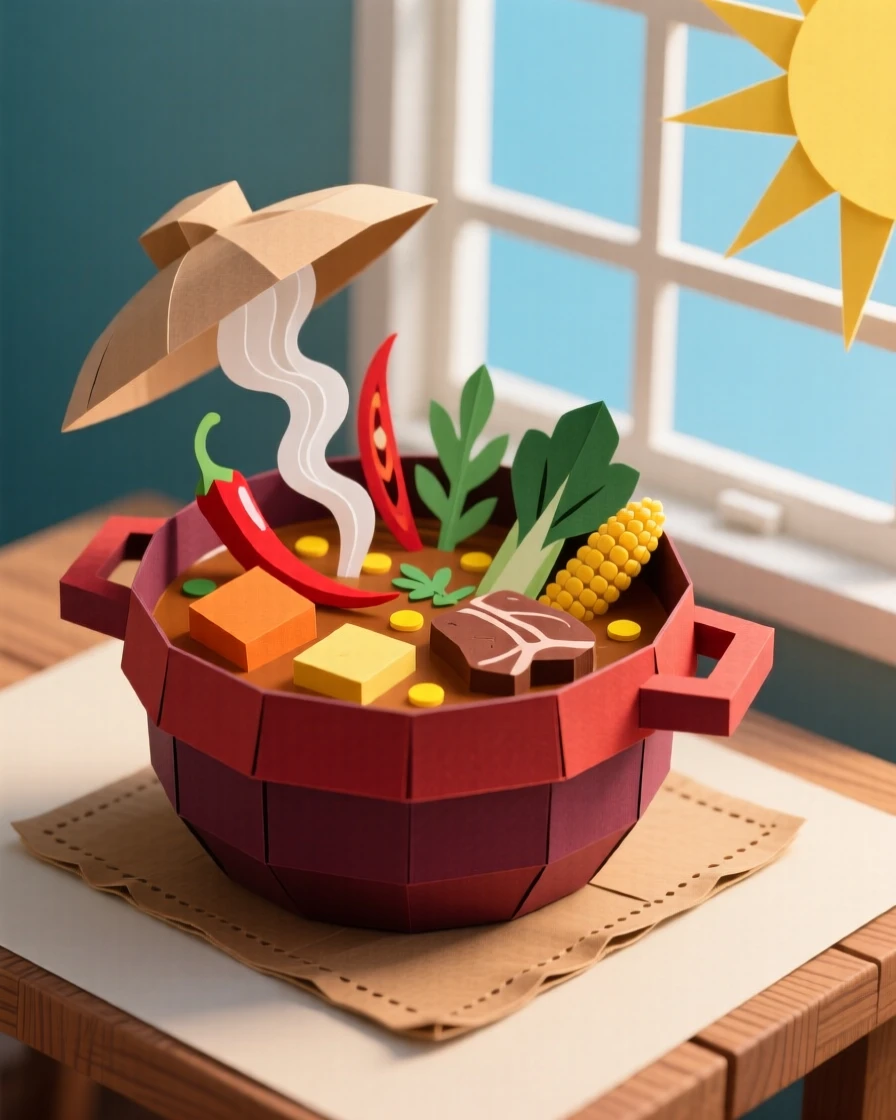 A rich pot of simmering stew arranged beside a sunlit window, with vibrant garnishes adding a pop of color, capturing indulgence and warmth.