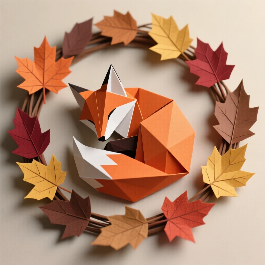 A stylized fox curled within a circular wreath of autumn leaves.