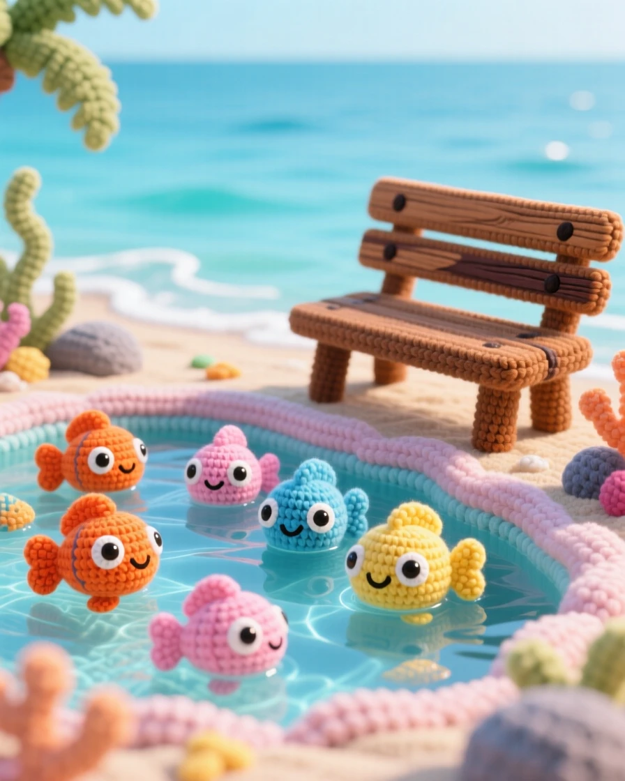 A picturesque scene featuring a small tropical reef pool, teeming with colorful fish, glowing softly beneath clear water beside a peaceful stretch of open water, accompanied by a single wooden bench resting nearby, capturing quiet wonder at the wild world.