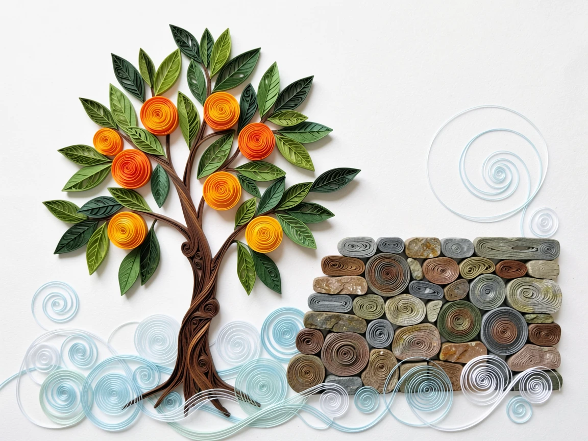 A serene botanical study of a citrus tree heavy with ripe oranges beside a weathered stone garden wall, under a light mist rising from the ground, arranged asymmetrically for a natural, organic feel.