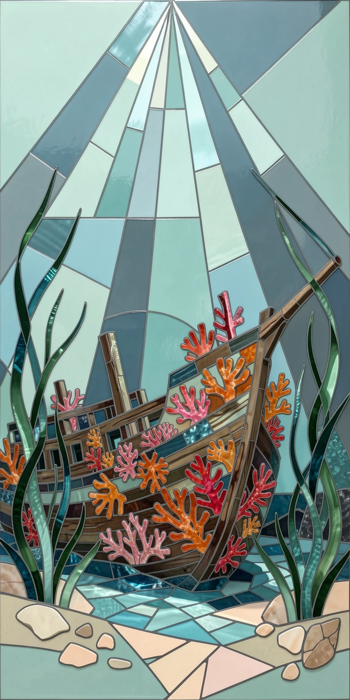 A dreamlike underwater view of a sunken shipwreck covered in coral and swaying sea plants, glowing with soft blue-green light.