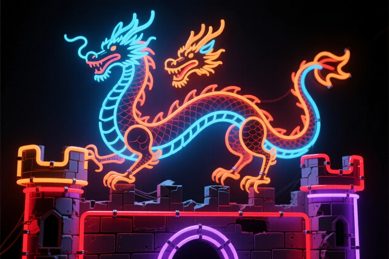 A two-headed dragon perched on the battlements of a ruined castle.