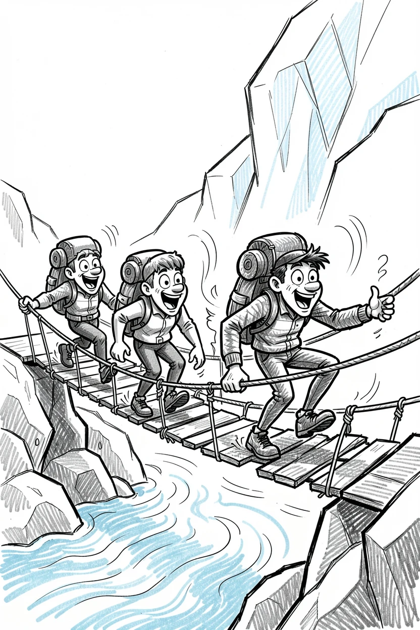 A group of hikers crossing a rope bridge beside a glacier-fed river.