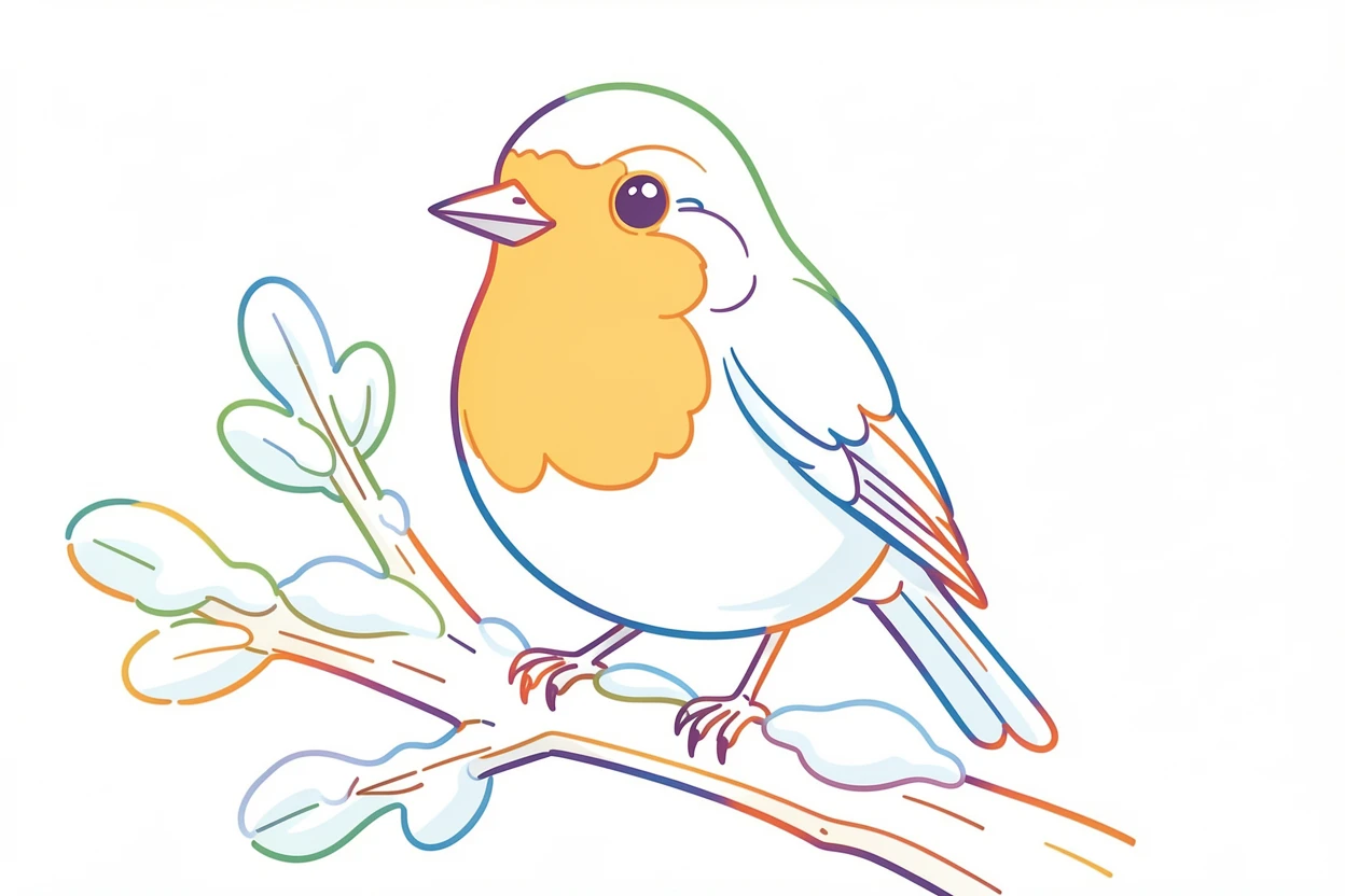 A close-up of a robin perched on a snow-dusted branch in winter.