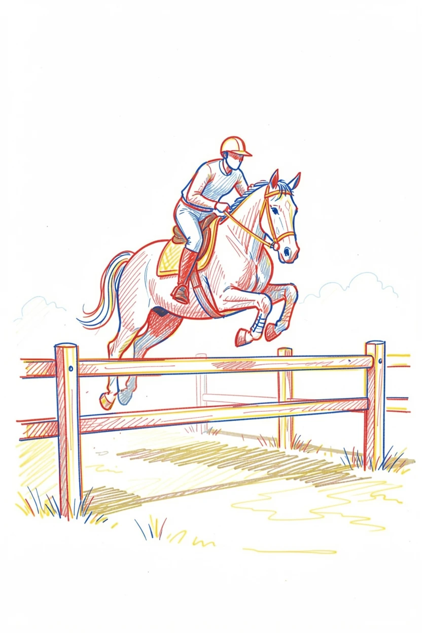 A horseback rider jumping cleanly over a wooden fence in a sunlit paddock