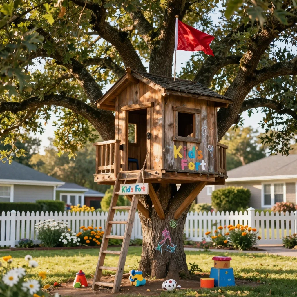 A treehouse fort built by neighborhood kids