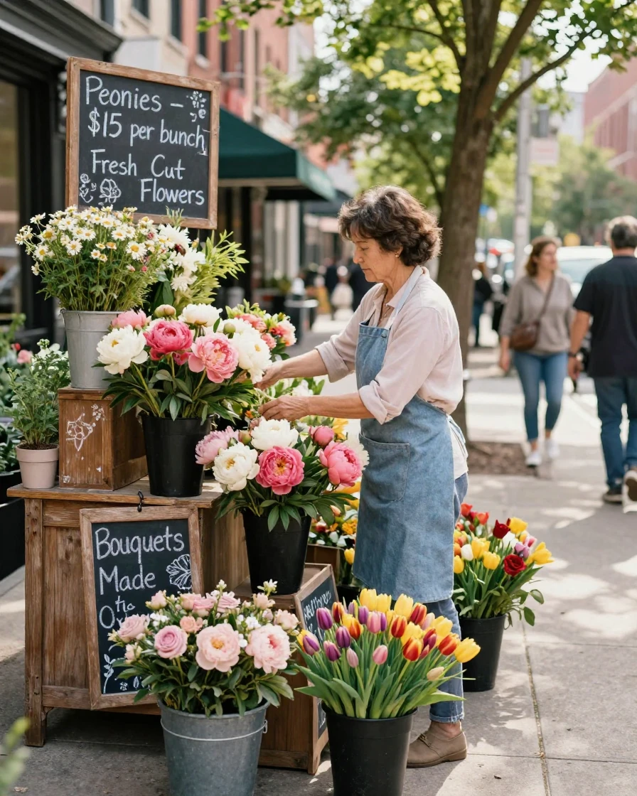 A florist arranges a bouquet of peonies at a small corner flower stall.