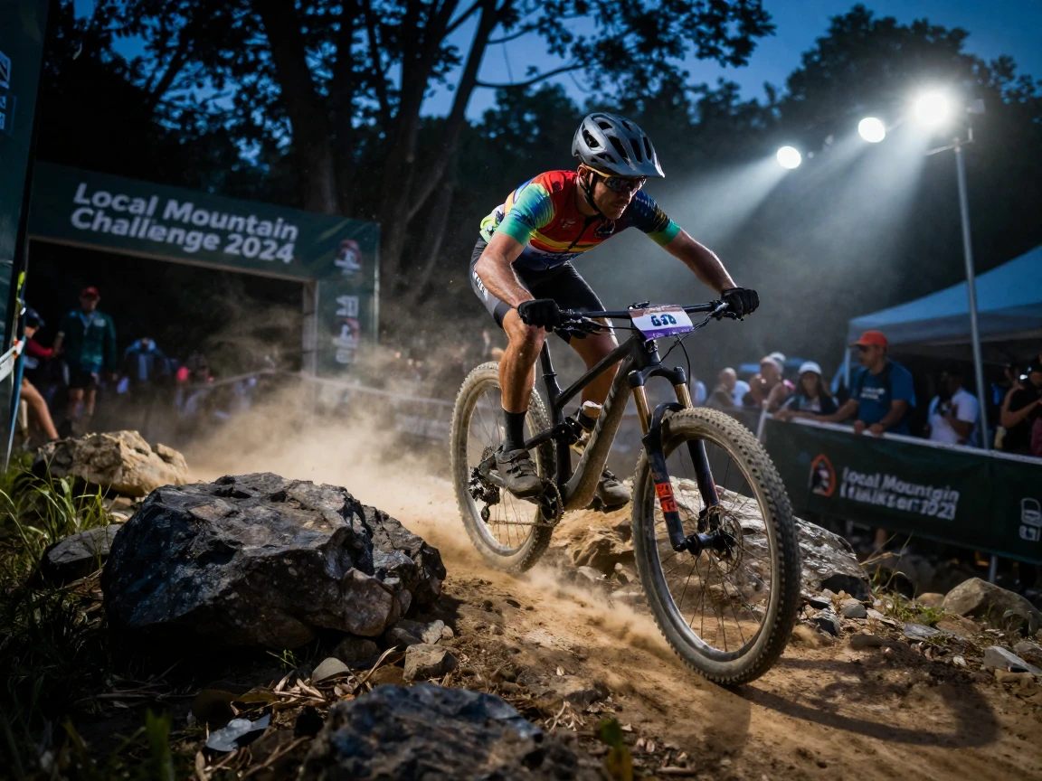 A lone mountain biker competing fiercely in a local tournament beneath a canopy of stadium lights