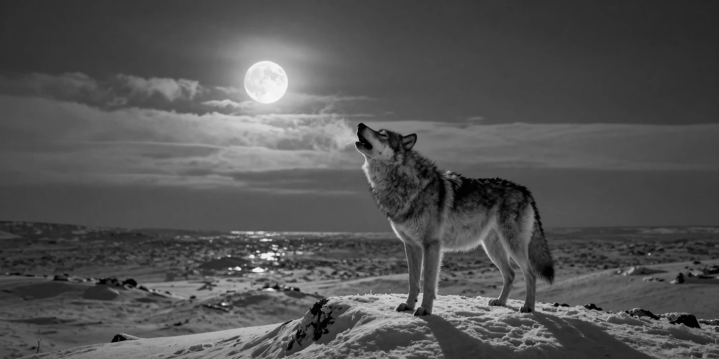 A lone wolf howls beneath a full moon in the frozen Arctic tundra.