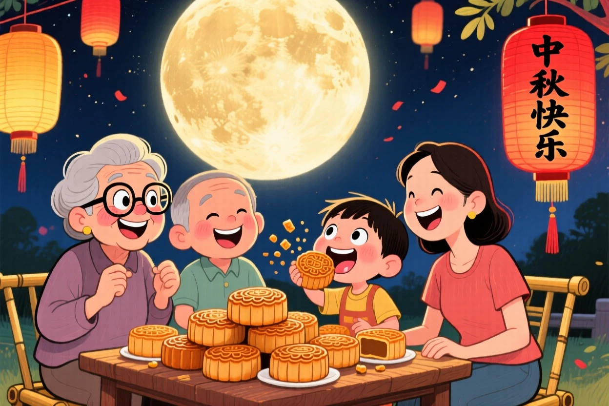 A family celebrating the Moon Festival, sharing mooncakes under a glowing full moon.