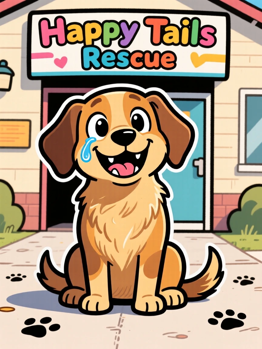A heartwarming moment depicting a rescued shelter dog smiling proudly after overcoming a challenge, with a single joyful tear rolling down a cheek.