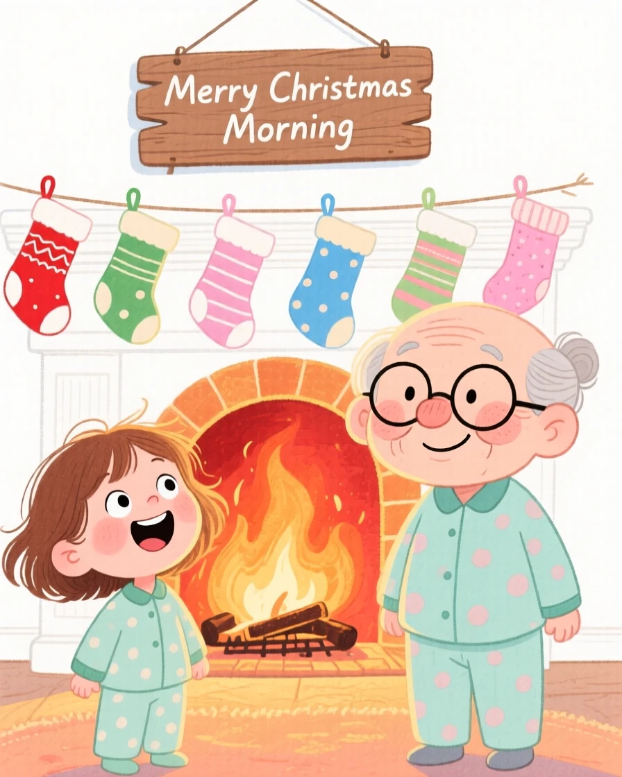 A joyful celebration scene of a cozy Christmas morning with stockings by a crackling fireplace, glowing with soft festive light