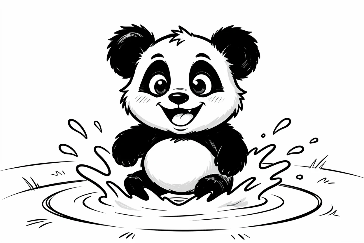 [Cute Animals & Pets] Adorable scene of a fluffy baby panda splashing in a puddle, bursting with charm and playful energy