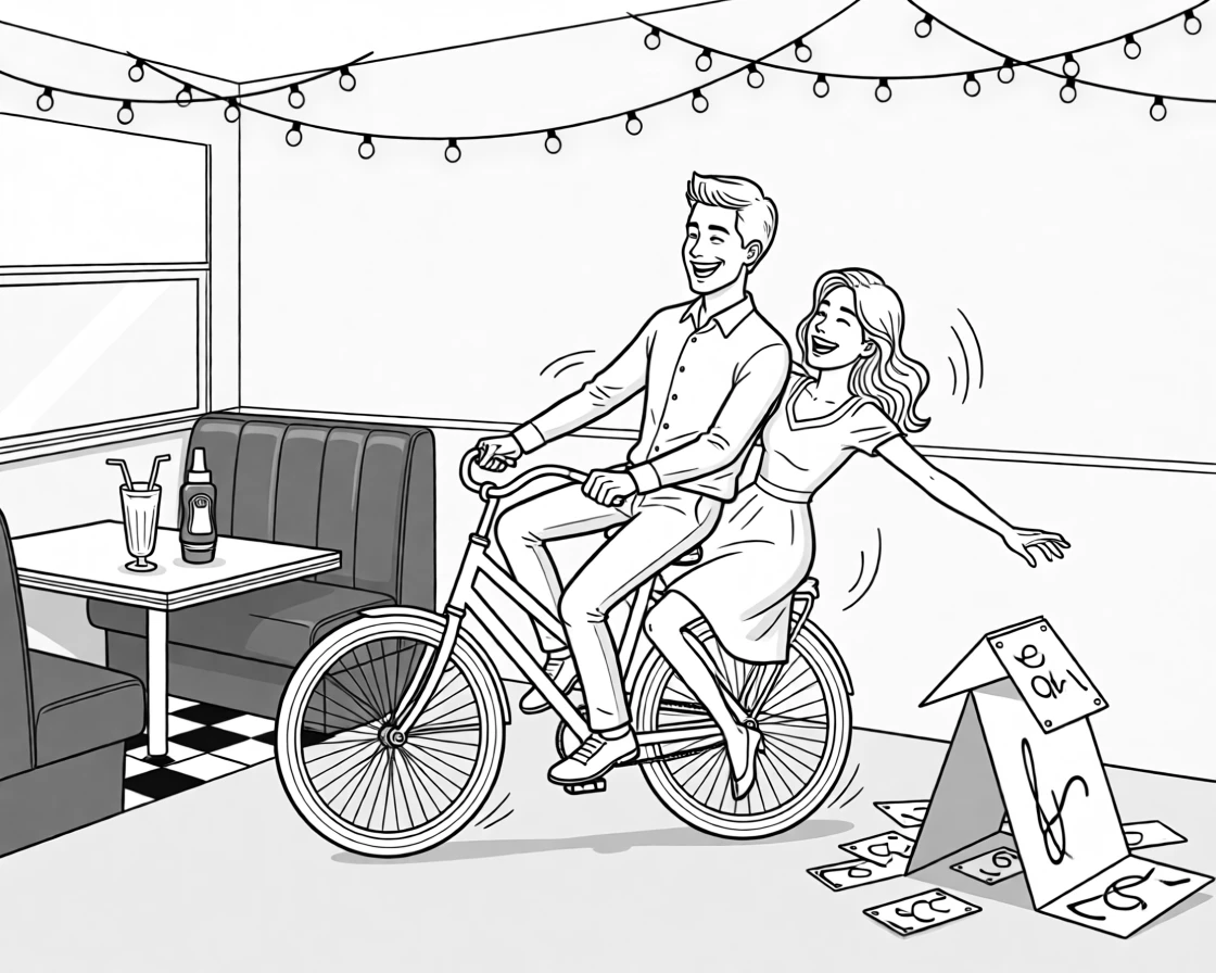A couple attempting a clumsy tandem bike ride, collapsing the fort with a burst of shared laughter, set at a retro diner booth. String lights sway gently overhead. There's a tender sweetness beneath all the silliness.