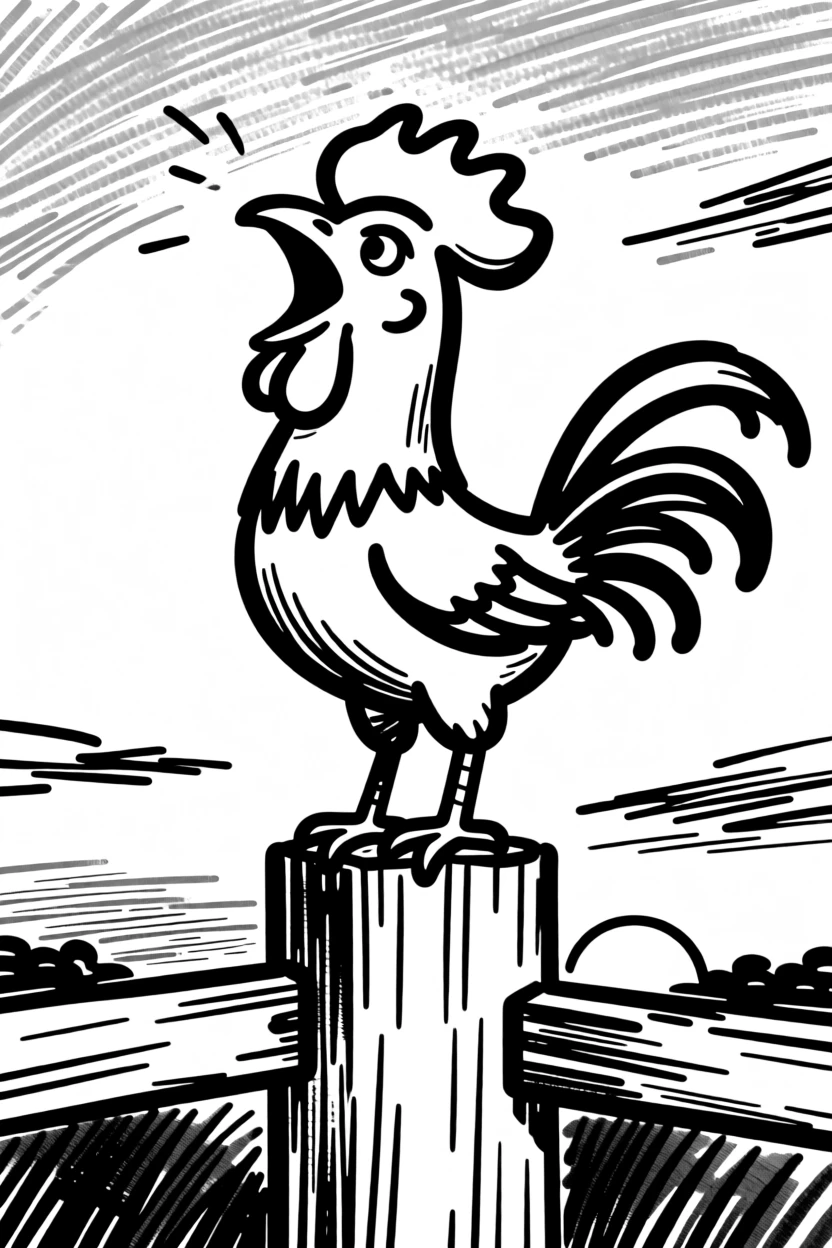 A rooster crowing proudly atop a wooden fence post at dawn.