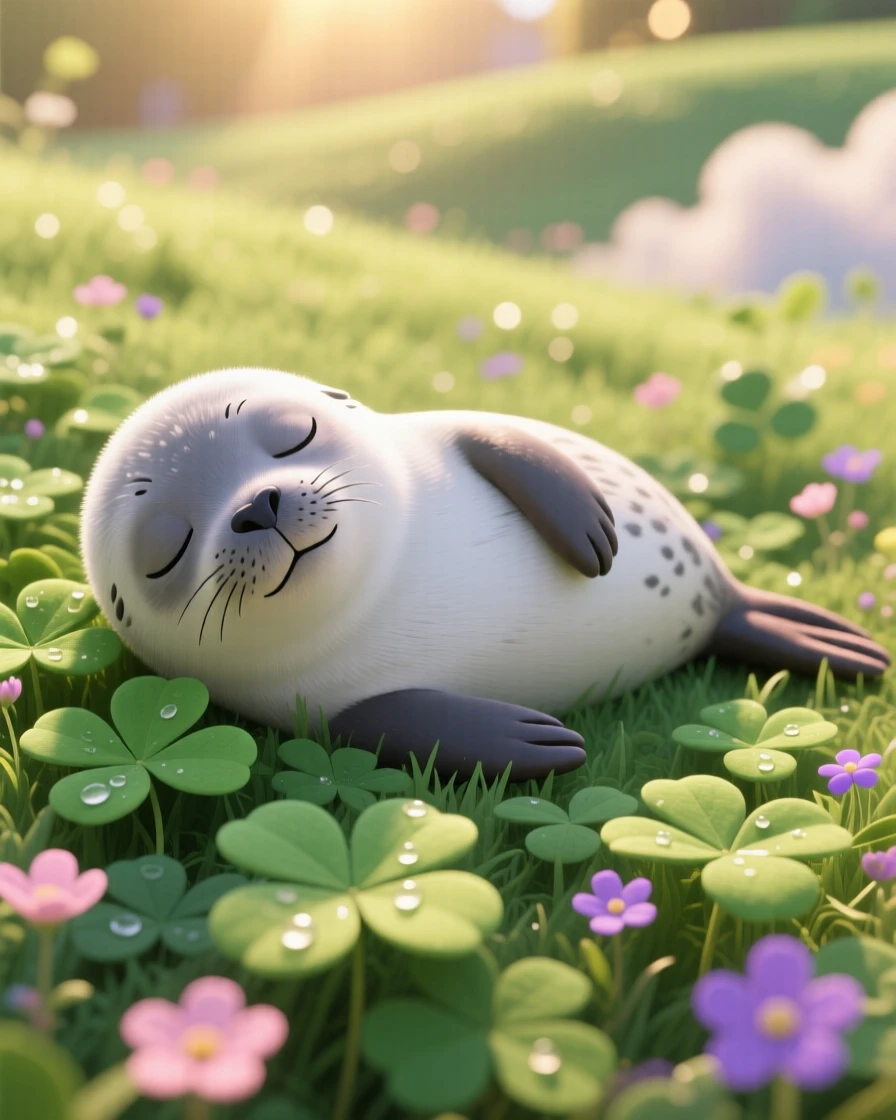 A baby seal pup is lounging in a patch of clover, stretching after a long nap. A gentle, sleepy calm fills the moment, with a faint smile-like expression.