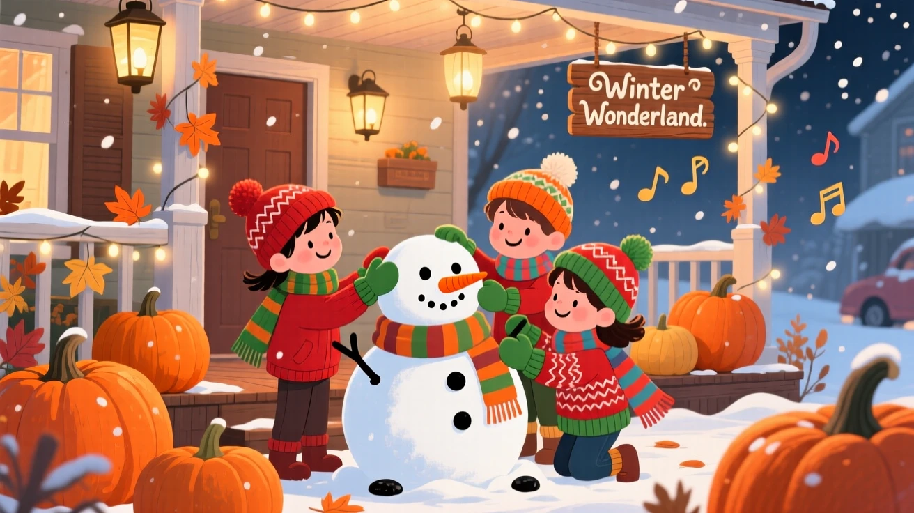 In a pumpkin-lined front porch, children in matching mittens celebrate together by building a snowman complete with a carrot nose, while soft carols play in the background.