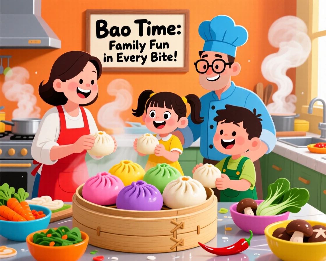A family assembling colorful bao buns in a steamy kitchen.
