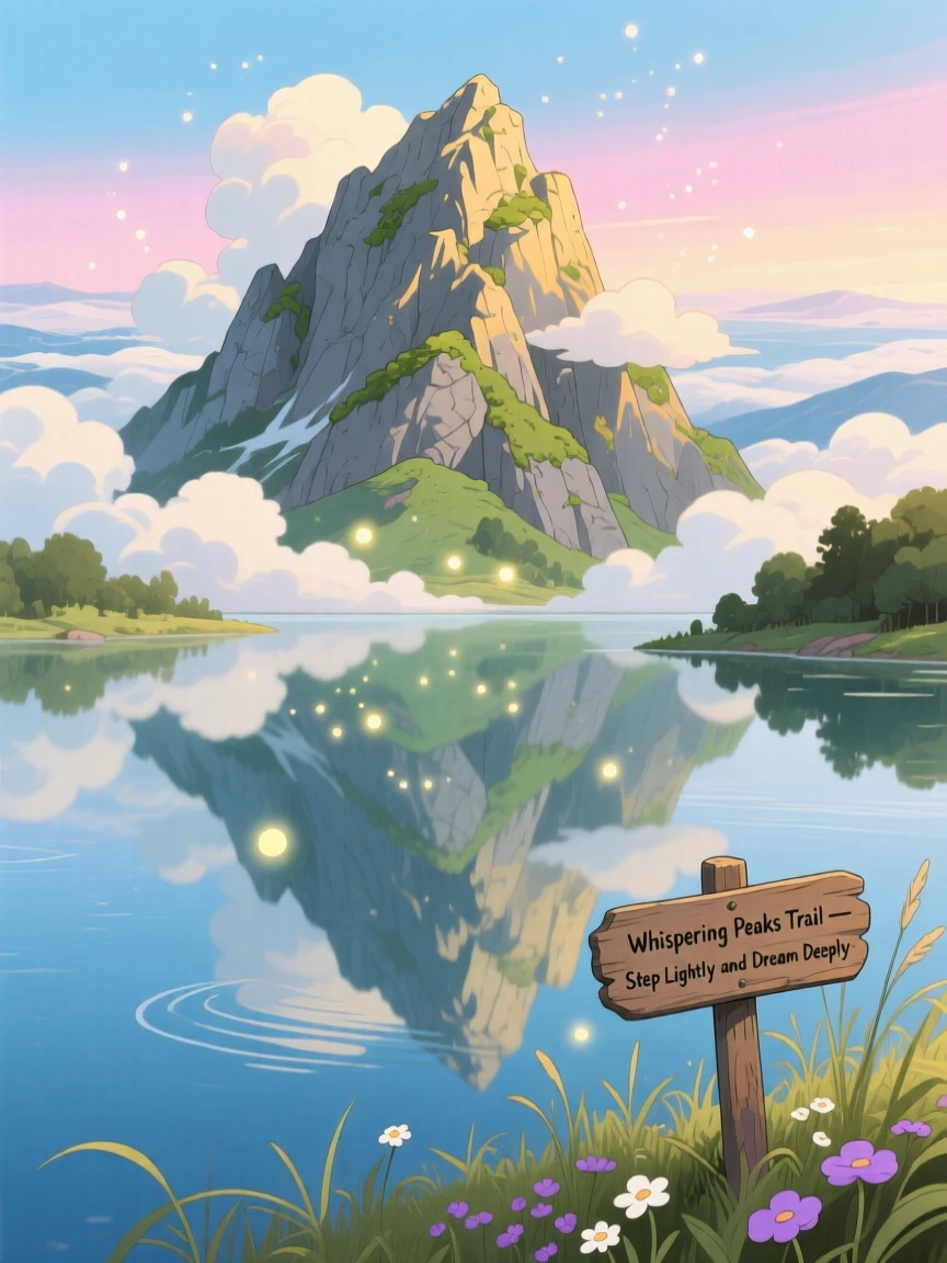 A stunning view of a rugged mountain peak piercing through a sea of clouds, reflected perfectly on a mirror-still surface below.
