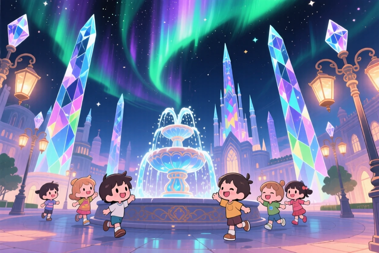 Children playing near a fountain in a crystal-spired city, framed as a worm's-eye view within a glowing magical city plaza, beneath swirling aurora-lit skies, glowing under shimmering reflected light off water, evoking sleepy relaxation.