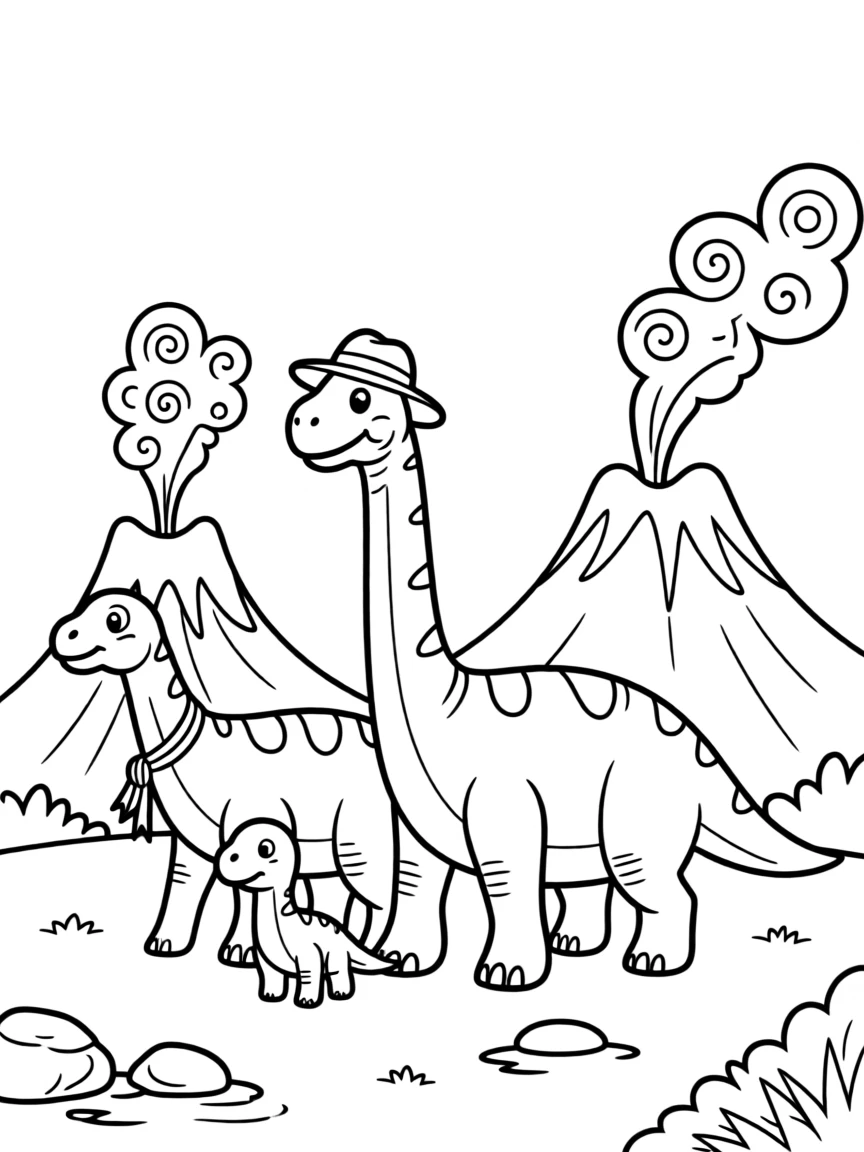 A dinosaur family walking together near smoking volcanoes