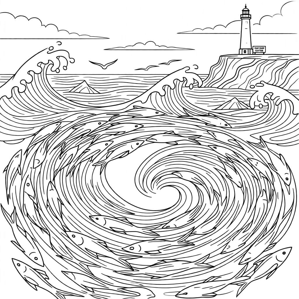 A school of fish swirling in a spiral pattern, with waves crashing dramatically in the background.