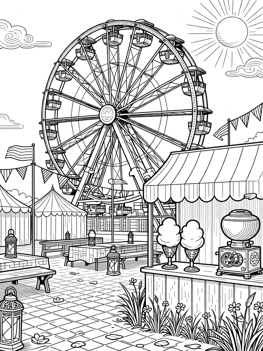 A summer county fair scene with a Ferris wheel and cotton candy stand.