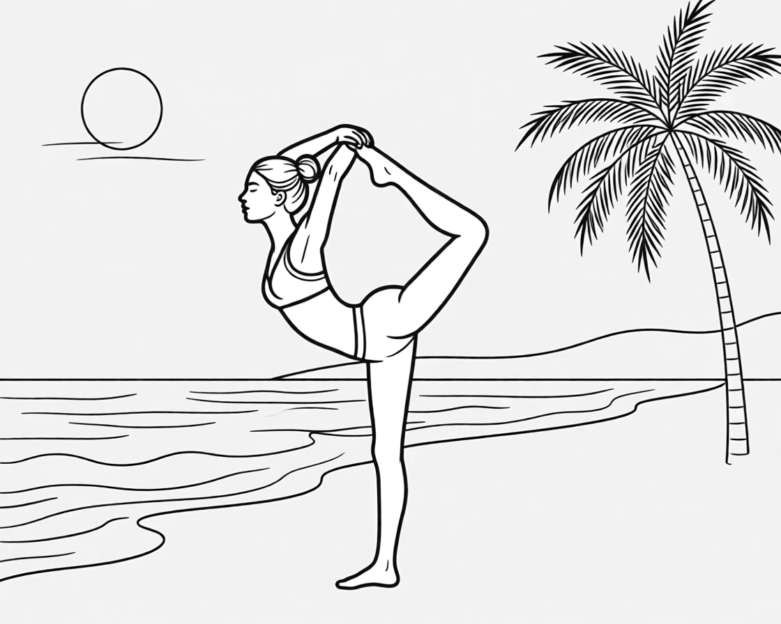 A yoga practitioner in a challenging pose on a beach