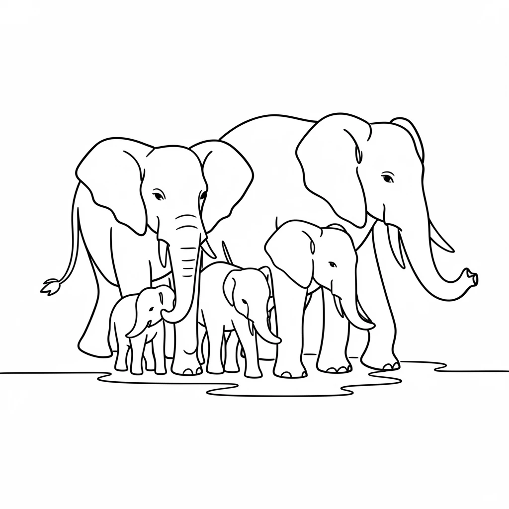 An African elephant herd crossing a shallow river with young calves close to their mothers