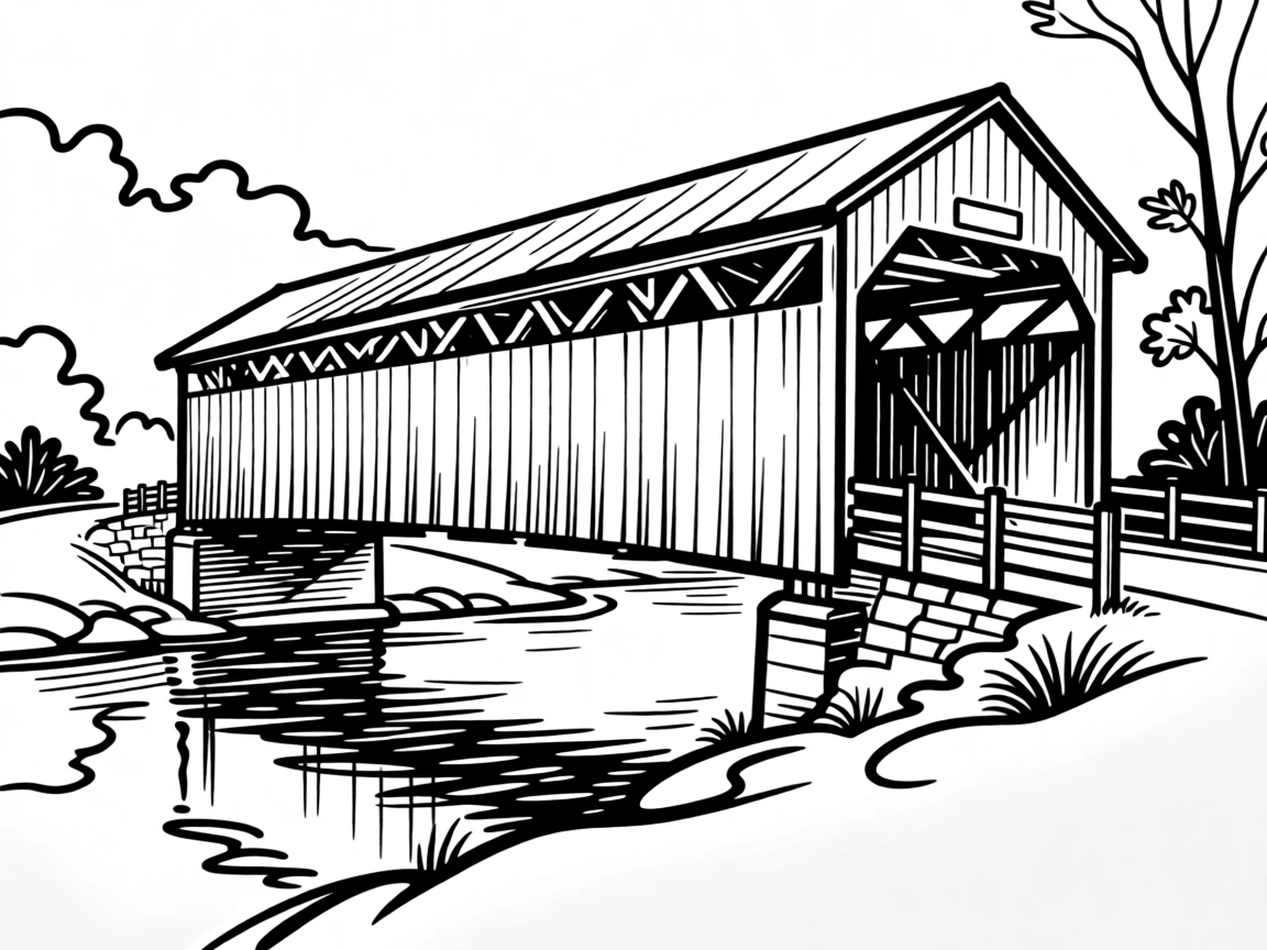 A traditional covered bridge spanning a peaceful New England river.