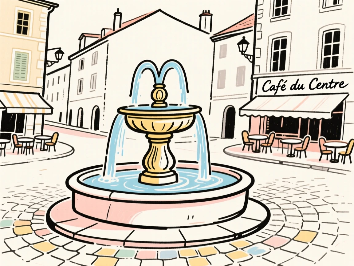 A quiet European town square with a central fountain and cobblestone streets.
